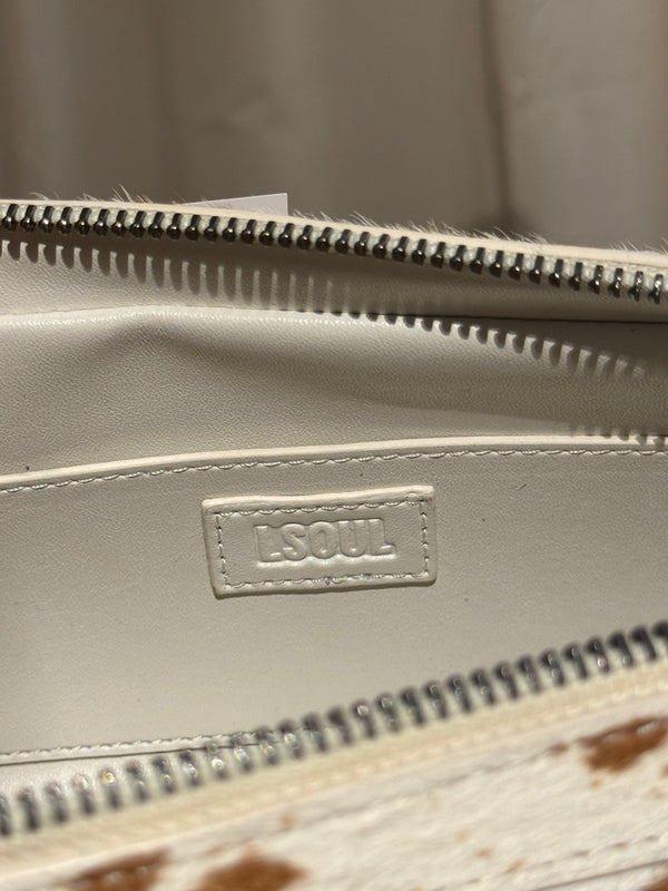 L Soul Brown White Cow Print Pony Hair Shoulder Bag Animal Print Leather Handbag Silver Hardware