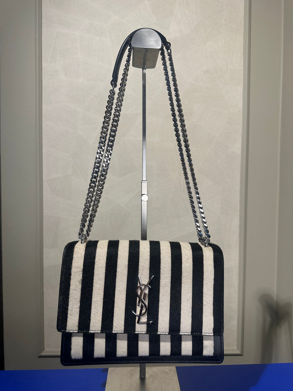 Yves Saint Laurent YSL Kate Bag Pony Hair Striped Silver Hardware Black White Leather Chain Emblem