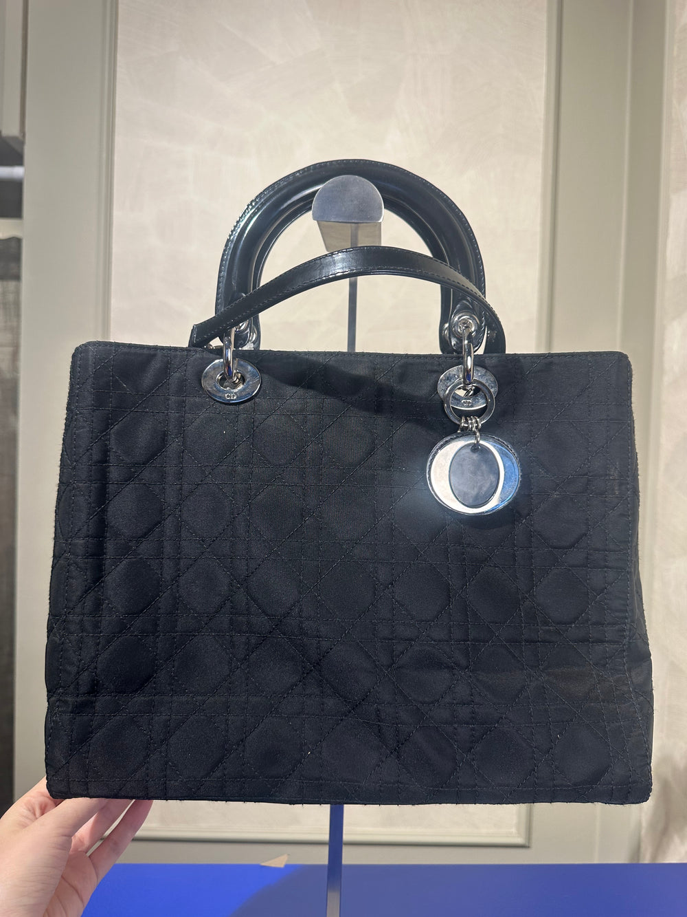 Lady Dior Bag Black Nylon Silver Hardware Quilted Classic Style Top Handle 2006 Vintage ´DIOR´ keychain