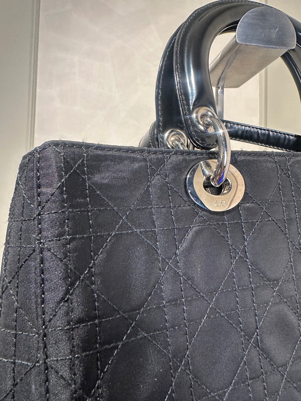Lady Dior Bag Black Nylon Silver Hardware Quilted Classic Style Top Handle 2006 Vintage ´DIOR´ keychain