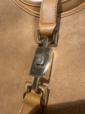 Gucci Jackie Beige Suede Shoulder Bag buckle detail monochrome vintage suede leather clasp detail chic 90s