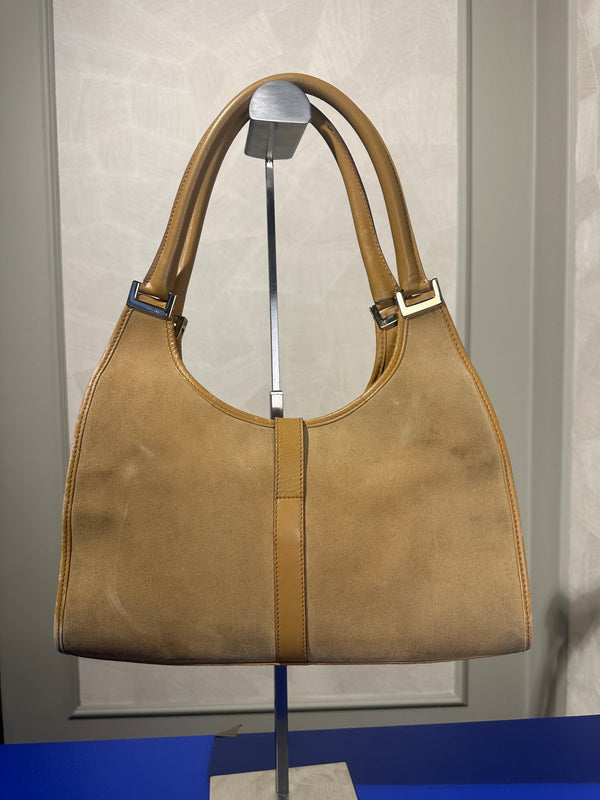 Gucci Jackie Beige Suede Shoulder Bag buckle detail monochrome vintage suede leather clasp detail chic 90s