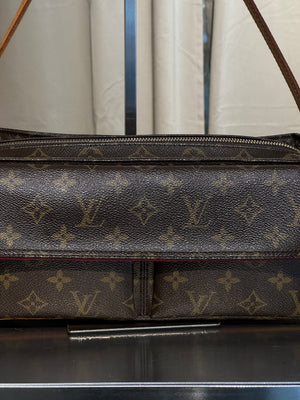 Louis Vuitton Vintage Monogram Canvas Viva Cite MM Shoulder Bag Vachetta Leather Strap Gold Hardware Flap Pockets
