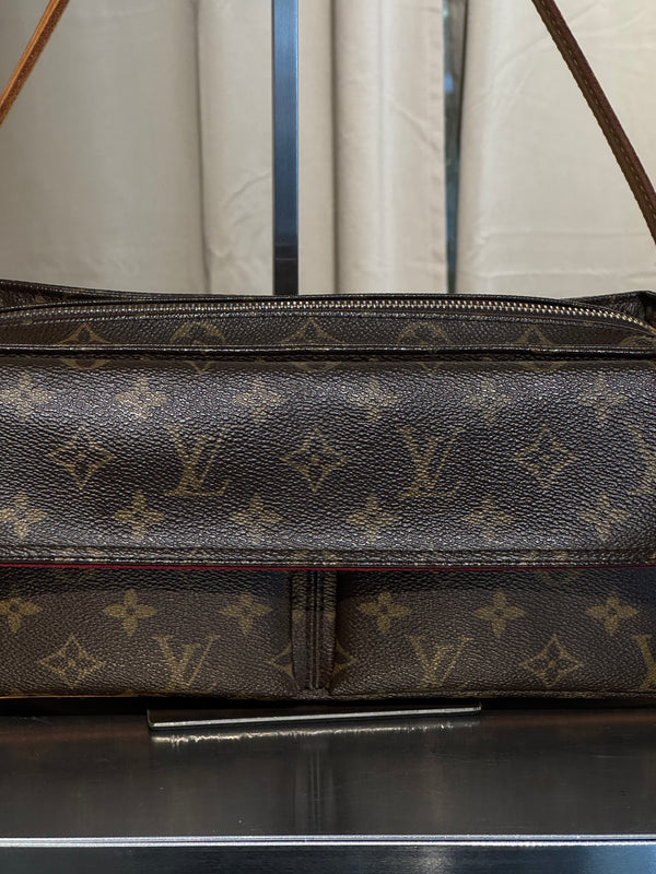 Louis Vuitton Vintage Monogram Canvas Viva Cite MM Shoulder Bag Vachetta Leather Strap Gold Hardware Flap Pockets