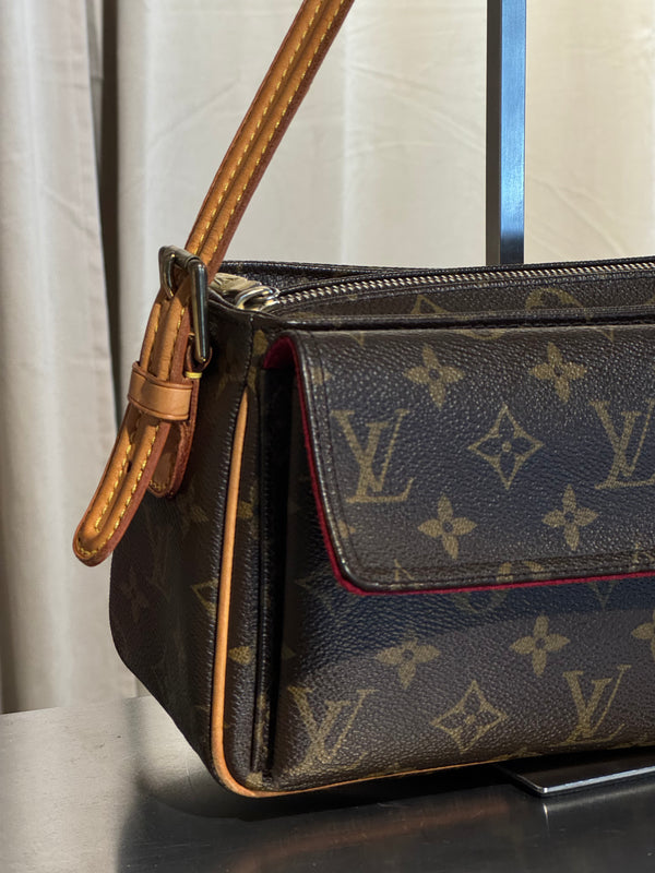 Louis Vuitton Vintage Monogram Canvas Viva Cite MM Shoulder Bag Vachetta Leather Strap Gold Hardware Flap Pockets