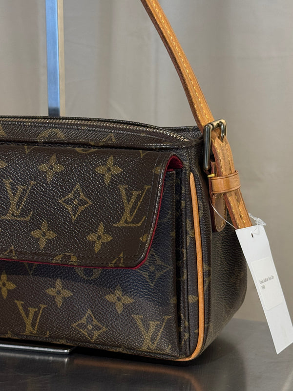 Louis Vuitton Vintage Monogram Canvas Viva Cite MM Shoulder Bag Vachetta Leather Strap Gold Hardware Flap Pockets