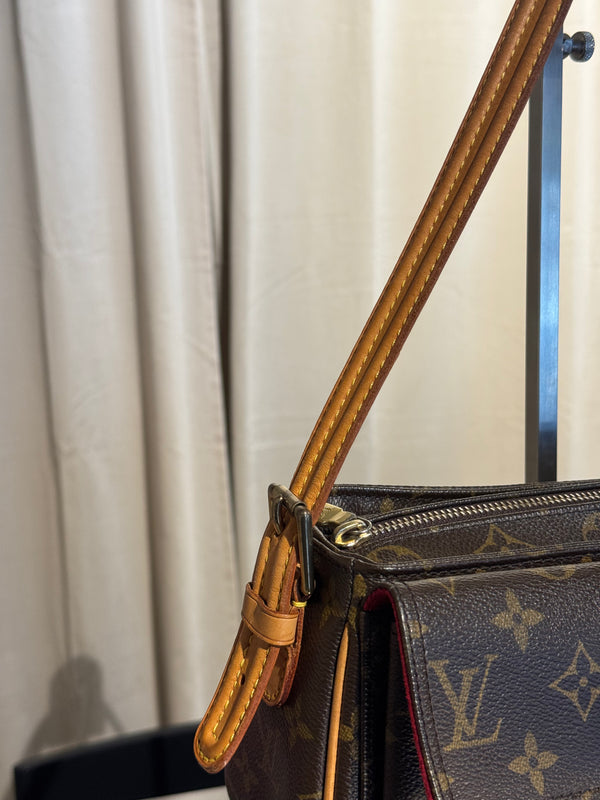 Louis Vuitton Vintage Monogram Canvas Viva Cite MM Shoulder Bag Vachetta Leather Strap Gold Hardware Flap Pockets