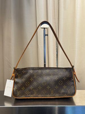 Louis Vuitton Vintage Monogram Canvas Viva Cite MM Shoulder Bag Vachetta Leather Strap Gold Hardware Flap Pockets