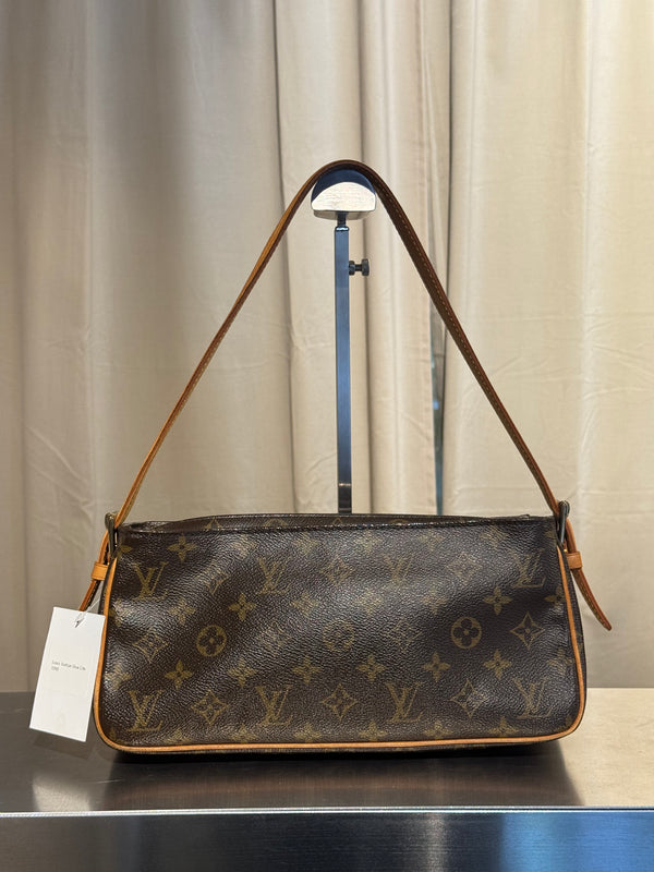 Louis Vuitton Vintage Monogram Canvas Viva Cite MM Shoulder Bag Vachetta Leather Strap Gold Hardware Flap Pockets