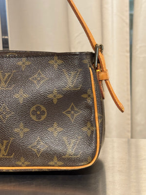 Louis Vuitton Vintage Monogram Canvas Viva Cite MM Shoulder Bag Vachetta Leather Strap Gold Hardware Flap Pockets