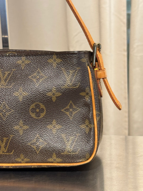 Louis Vuitton Vintage Monogram Canvas Viva Cite MM Shoulder Bag Vachetta Leather Strap Gold Hardware Flap Pockets