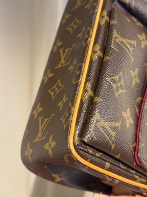 Louis Vuitton Vintage Monogram Canvas Viva Cite MM Shoulder Bag Vachetta Leather Strap Gold Hardware Flap Pockets