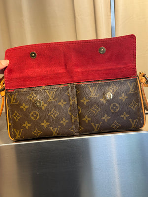 Louis Vuitton Vintage Monogram Canvas Viva Cite MM Shoulder Bag Vachetta Leather Strap Gold Hardware Flap Pockets