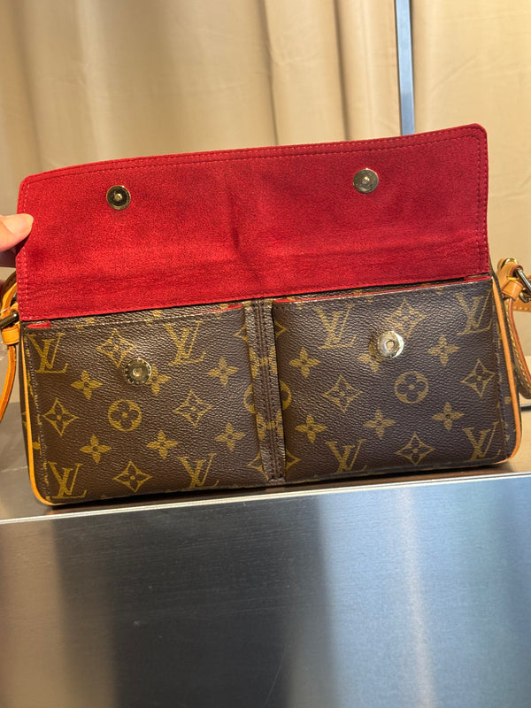 Louis Vuitton Vintage Monogram Canvas Viva Cite MM Shoulder Bag Vachetta Leather Strap Gold Hardware Flap Pockets