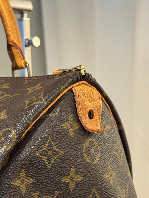 Louis Vuitton Vintage Speedy 35 Monogram Canvas Boston Bag Brown Leather Handles