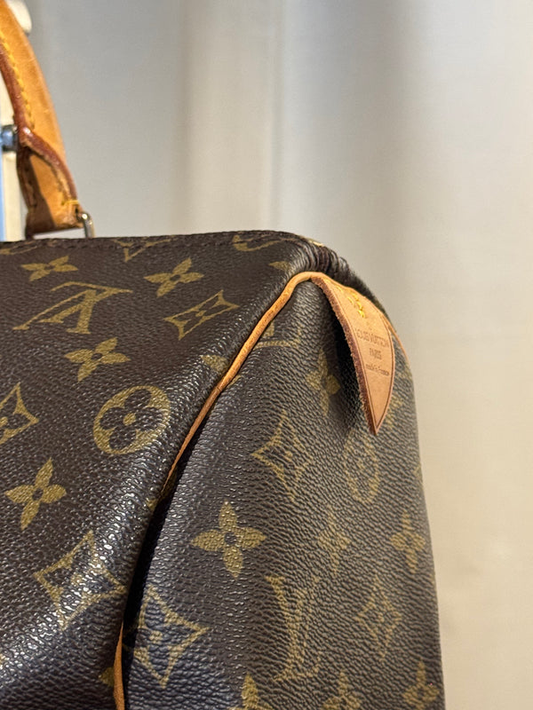 Louis Vuitton Vintage Speedy 35 Monogram Canvas Boston Bag Brown Leather Handles