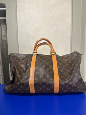Louis Vuitton Keepall 55 Bag Vintage Monogram Classic Style 48hr weekender duffle bag brown leather handles