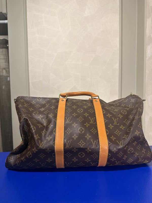 Louis Vuitton Keepall 55 Bag Vintage Monogram Classic Style 48hr weekender duffle bag brown leather handles