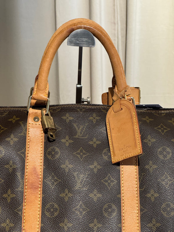 Louis Vuitton Vintage Keepall 55 Monogram Canvas Travel Duffle Bag Brown Leather Trim