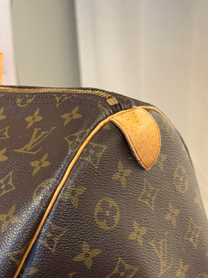 Louis Vuitton Vintage Keepall 55 Monogram Canvas Travel Duffle Bag Brown Leather Trim