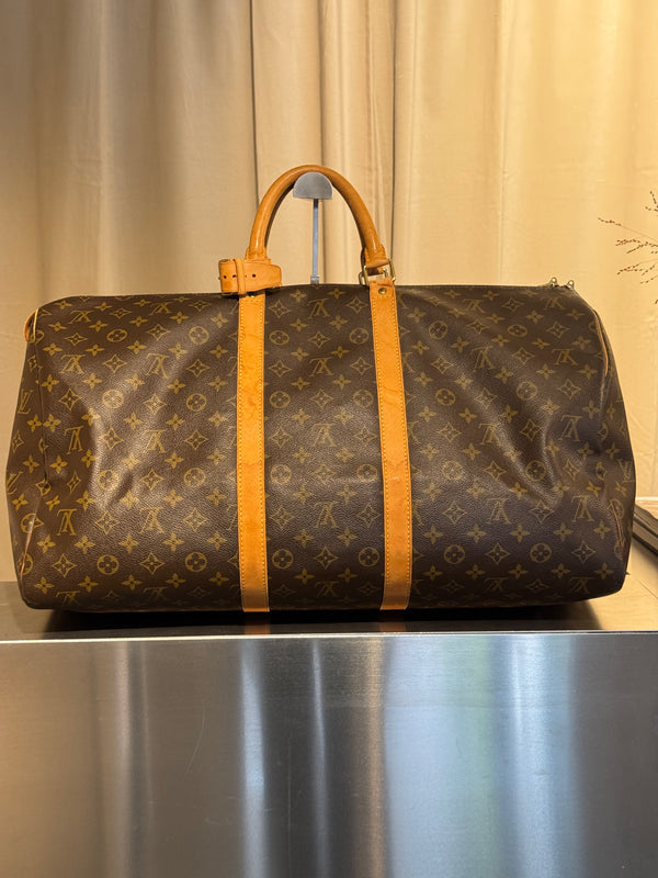 Louis Vuitton Vintage Keepall 55 Monogram Canvas Travel Duffle Bag Brown Leather Trim