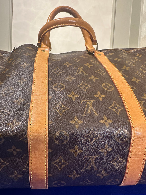 Louis Vuitton Keepall 55 Bag Vintage Monogram Classic Style 48hr weekender duffle bag brown leather handles