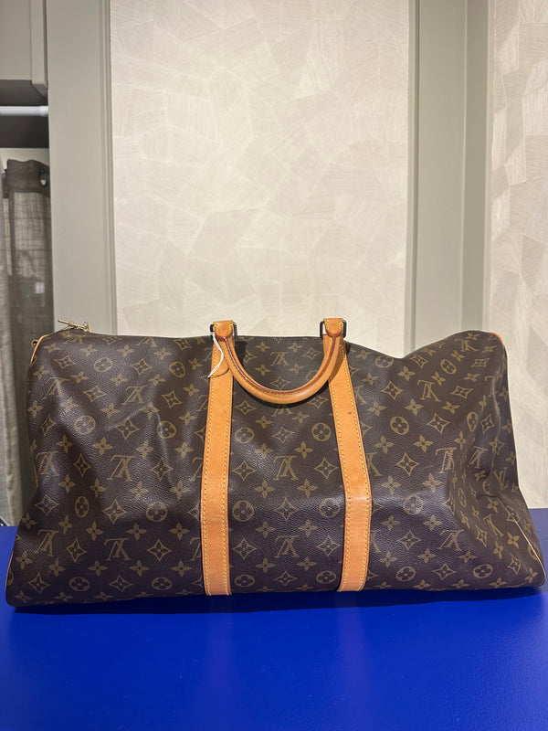 Louis Vuitton Keepall 55 Bag Vintage Monogram Classic Style 48hr weekender duffle bag brown leather handles