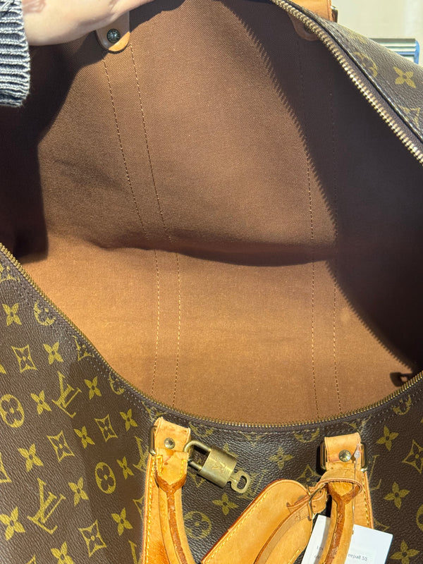 Louis Vuitton Vintage Keepall 55 Monogram Canvas Travel Duffle Bag Brown Leather Trim