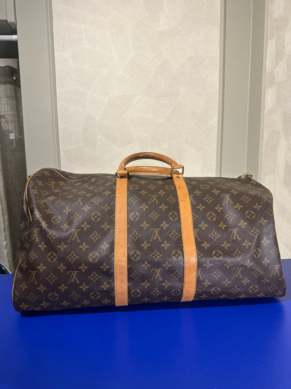Louis Vuitton Keepall 55 Bag Vintage Monogram Classic Style 48hr weekender duffle bag brown leather handles