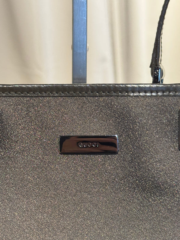 Gucci Vintage Metallic Leather Tote Bag Dark Bronze Shimmer Shoulder Bag Logo Plaque