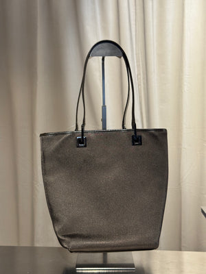 Gucci Vintage Metallic Leather Tote Bag Dark Bronze Shimmer Shoulder Bag Logo Plaque