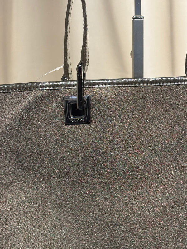 Gucci Vintage Metallic Leather Tote Bag Dark Bronze Shimmer Shoulder Bag Logo Plaque