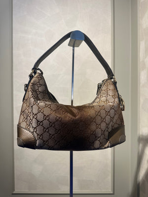 Gucci Shimmering Monogram Charmy Handbag Hobo GG canvas Heart-Bit Gold Metallic Shoulder Bag bronze metallic leather trim