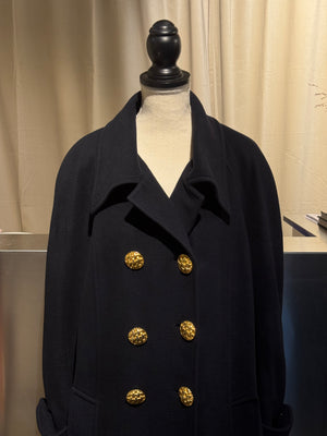 Chanel Vintage 1990s Black Wool Double Breasted Long Overcoat Gold CC Crest Buttons Trench Coat