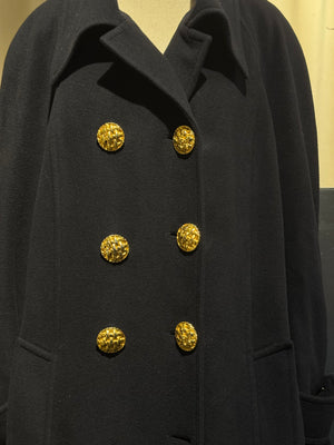 Chanel Vintage 1990s Black Wool Double Breasted Long Overcoat Gold CC Crest Buttons Trench Coat
