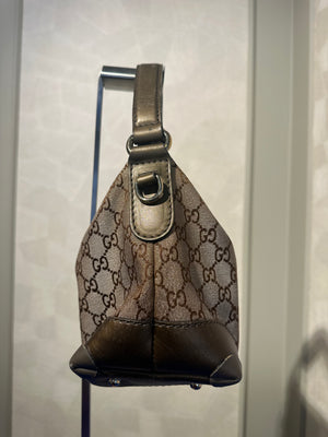 Gucci Shimmering Monogram Charmy Handbag Hobo GG canvas Heart-Bit Gold Metallic Shoulder Bag bronze metallic leather trim