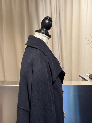 Chanel Vintage 1990s Black Wool Double Breasted Long Overcoat Gold CC Crest Buttons Trench Coat