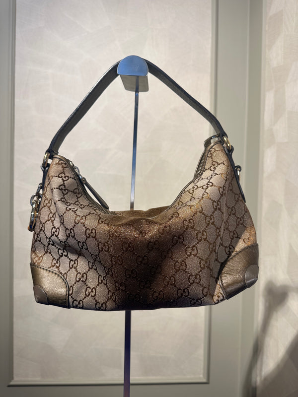 Gucci Shimmering Monogram Charmy Handbag Hobo GG canvas Heart-Bit Gold Metallic Shoulder Bag bronze metallic leather trim