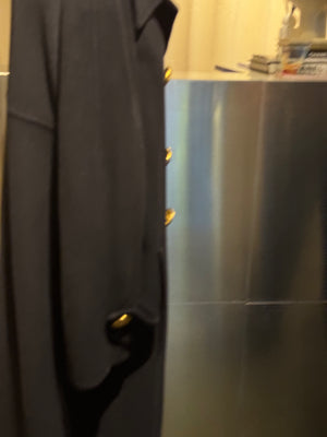 Chanel Vintage 1990s Black Wool Double Breasted Long Overcoat Gold CC Crest Buttons Trench Coat