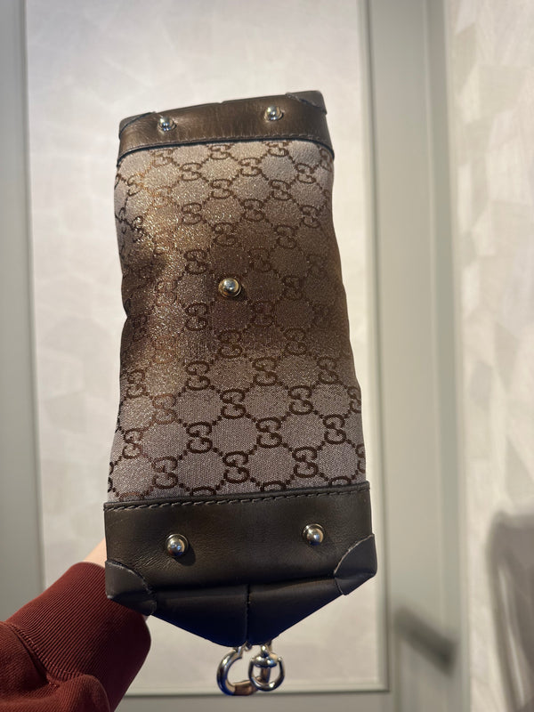 Gucci Shimmering Monogram Charmy Handbag Hobo GG canvas Heart-Bit Gold Metallic Shoulder Bag bronze metallic leather trim