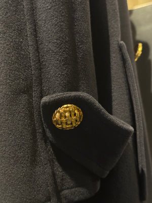 Chanel Vintage 1990s Black Wool Double Breasted Long Overcoat Gold CC Crest Buttons Trench Coat
