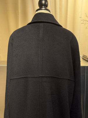 Chanel Vintage 1990s Black Wool Double Breasted Long Overcoat Gold CC Crest Buttons Trench Coat