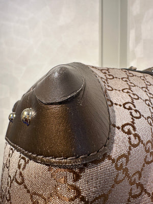 Gucci Shimmering Monogram Charmy Handbag Hobo GG canvas Heart-Bit Gold Metallic Shoulder Bag bronze metallic leather trim