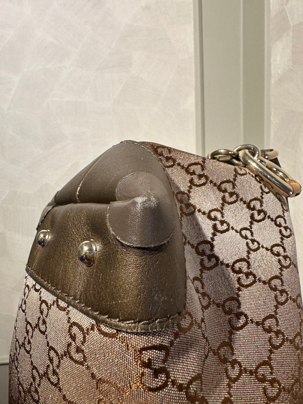 Gucci Shimmering Monogram Charmy Handbag Hobo GG canvas Heart-Bit Gold Metallic Shoulder Bag bronze metallic leather trim