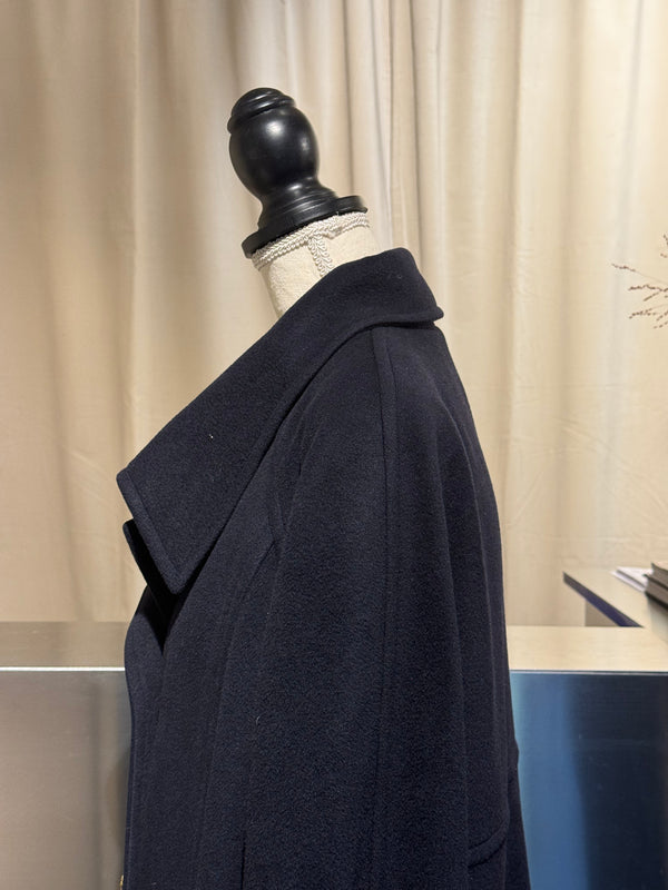 Chanel Vintage 1990s Black Wool Double Breasted Long Overcoat Gold CC Crest Buttons Trench Coat