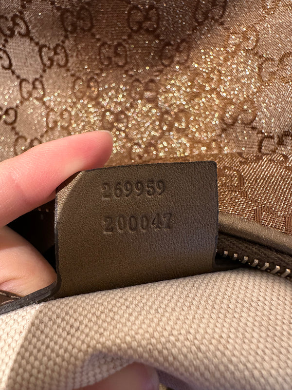 Gucci Shimmering Monogram Charmy Handbag Hobo GG canvas Heart-Bit Gold Metallic Shoulder Bag bronze metallic leather trim