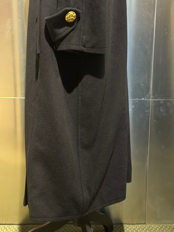 Chanel Vintage 1990s Black Wool Double Breasted Long Overcoat Gold CC Crest Buttons Trench Coat