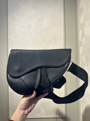 Dior Saddle Black Crossbody and Shoulder Bag Unisex Grained Calfskin Flap Style Full Black Monochrome Adjustable