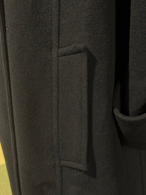 Chanel Vintage 1990s Black Wool Double Breasted Long Overcoat Gold CC Crest Buttons Trench Coat