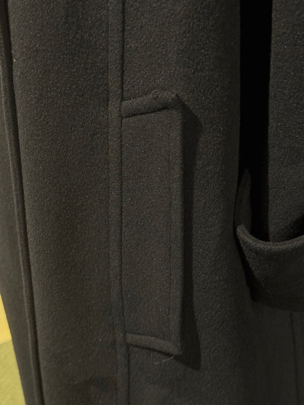 Chanel Vintage 1990s Black Wool Double Breasted Long Overcoat Gold CC Crest Buttons Trench Coat